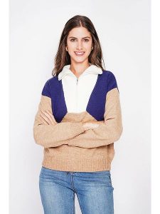 C& Jo Sweter w kolorze beżowo-biało-niebieskim rozmiar: 34. Białe swetry oversize C& Jo, bez wzorów, ze splotem, bez ramiączek. Za 130,99 zł.