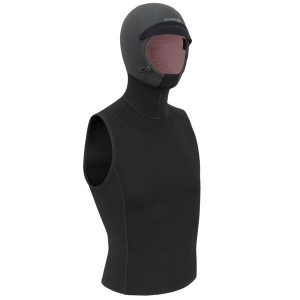 Top surfingowy Olaian z neoprenu 1 mm z kapturem 2 mm. Czarne topy OLAIAN, xs, bez wzorów, z neoprenu, sportowe, bez kołnierzyka, bez ramiączek. Za 199,99 zł.