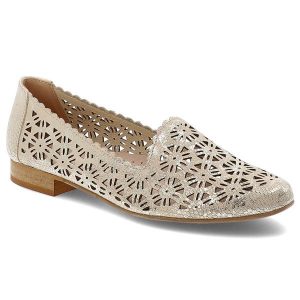 Złote Półbuty Armodo Eleganckie Obuwie Damskie. Żółte półbuty Armodo, na lato, w ażurowe wzory, ze skóry, bez obcasa, na obcasie, bez zapięcia. Za 349,00 zł.
