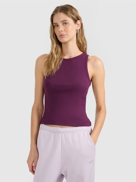 4F Top slim gładki damski - fioletowy XS. Fioletowe topy 4f, xs, bez wzorów, z bawełny, klasyczne, bez kołnierzyka, bez ramiączek. W wyprzedaży za 29,99 zł.