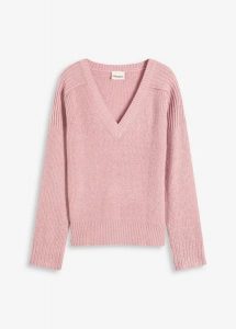 Sweter oversize z dekoltem w serek. Czerwone swetry oversize bonprix, bez wzorów, bez ramiączek. Za 112,99 zł.