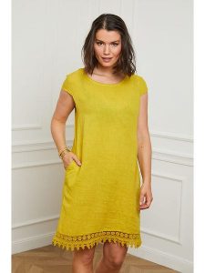 Curvy Lady Lniana sukienka w kolorze żółtym rozmiar: 48/50. Żółte sukienki Curvy Lady, na co dzień, bez wzorów, z koronki, klasyczne, bez kołnierzyka, bez ramiączek, mini, proste. Za 136,13 zł.