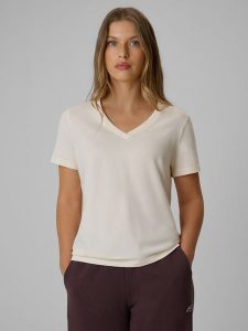4F T-shirt regular gładki damski - kremowy XS. Białe t-shirty 4f, xs, bez wzorów, z bawełny, bez kołnierzyka, bez ramiączek. Za 59,99 zł.