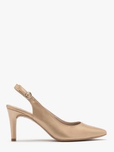 Złote czółenka typu slingback EMMA. Żółte czółenka Ryłko, bez wzorów, ze skóry, bez obcasa, na obcasie, bez zapięcia. W wyprzedaży za 249,99 zł.