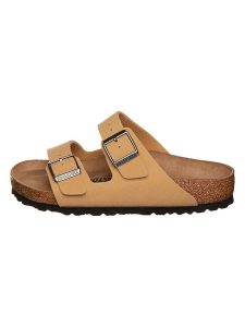 Birkenstock Skórzane klapki "Arizona" w kolorze beżowym rozmiar: 36. Brązowe klapki Birkenstock, bez wzorów, z otwartym noskiem, bez obcasa. Za 303,06 zł.