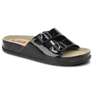 Klapki damskie Big Star, materiał syntetyczny lakierowany z dwoma szerokimi paskami regulowanymi klamrami, czarne, JJ276040. Czarne klapki Big Star, bez wzorów, z lakierowanej skóry, bez obcasa. Za 109,00 zł.