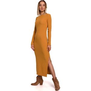 Prążkowana Maxi Sukienka z Rozcięciem - Musztardowa. Czarne sukienki MOE, l, bez wzorów, z dzianiny, bez kołnierzyka, bez ramiączek, maxi. Za 223,90 zł.