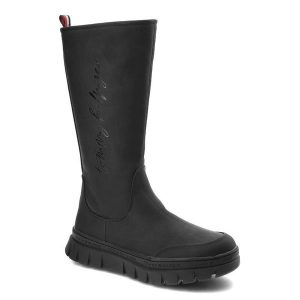 Czarne Kozaki Tommy Hilfiger Modne Buty Damskie. Czarne kozaki TOMMY HILFIGER, bez wzorów, z materiału, bez obcasa, na platformie, bez zapięcia. Za 609,00 zł.