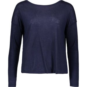 Koszulka w kolorze granatowym. Niebieskie bluzki marki Benetton, z wełny, z dekoltem w łódkę, z długim rękawem. W wyprzedaży za 58,95 zł.