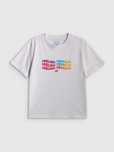 4F T-shirt boxy z nadrukiem damski - biały L. Białe t-shirty 4f, l, bez wzorów, z bawełny, bez kołnierzyka, bez ramiączek. Za 69,99 zł.