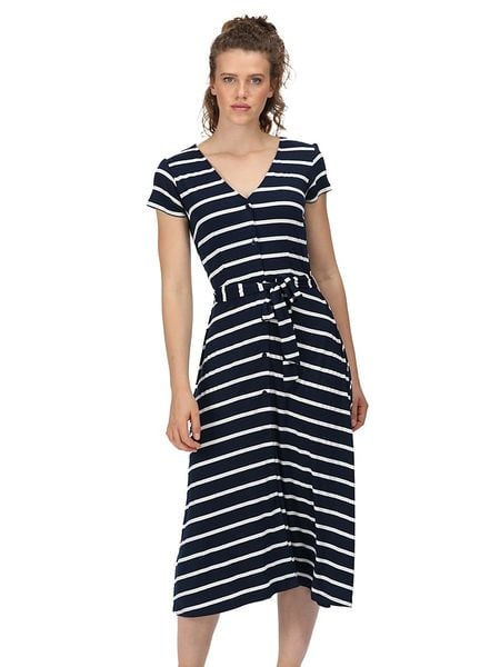 Regatta Sukienka "Maisyn" w kolorze granatowym rozmiar: 38. Niebieskie sukienki Regatta, bez wzorów, z tkaniny, bez kołnierzyka, bez ramiączek, maxi, rozkloszowane. Za 105,63 zł.