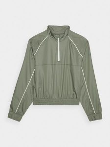 4F Kurtka przejściowa cropped ze stójką damska - oliwkowa/khaki M. Brązowe kurtki 4f, m, bez wzorów, z bawełny, bez kaptura. W wyprzedaży za 99,99 zł.