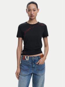 Desigual T-Shirt Charly 25WWTK08 Czarny Regular Fit. Czarne t-shirty Desigual, xl, bez wzorów, z bawełny, bez kołnierzyka, bez ramiączek. Za 129,99 zł.