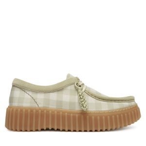 Półbuty Clarks. Zielone półbuty Clarks, bez wzorów, bez obcasa, na płaskiej podeszwie, bez zapięcia. Za 441,99 zł.