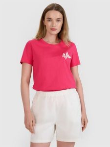 4F T-shirt regular z nadrukiem damski - różowy S. Czerwone t-shirty 4f, s, z aplikacjami, z bawełny, bez kołnierzyka, bez ramiączek. W wyprzedaży za 29,99 zł.