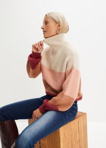 Sweter ze stójką. Brązowe swetry klasyczne bonprix, bez kołnierzyka. Za 144,99 zł.