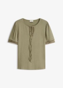 Tunika T-shirtowa z koronkową tasiemką. Niebieskie tuniki bonprix, bez wzorów, z koronki, eleganckie, bez kołnierzyka, bez ramiączek. Za 47,99 zł.