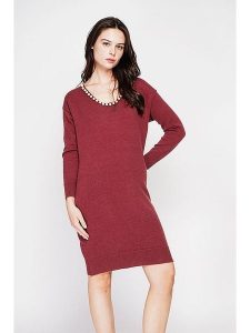 C& Jo Sukienka dzianinowa w kolorze bordowym rozmiar: 42. Czerwone sukienki C& Jo, na co dzień, bez wzorów, z dzianiny, klasyczne, bez kołnierzyka, bez ramiączek, midi, proste. Za 121,99 zł.