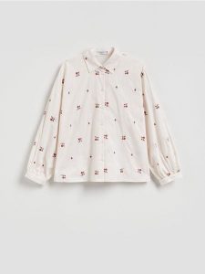 Bawełniana koszula z haftem - beżowy. Brązowe koszule Reserved, l, bez wzorów, z bawełny, bez kołnierzyka, bez ramiączek. Za 139,99 zł.