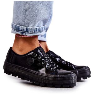 Modne Lakierowane Trampki Big Star KK274044 Czarne. Czarne trampki bez wzorów, z gumy, bez zapięcia. Za 246,96 zł.