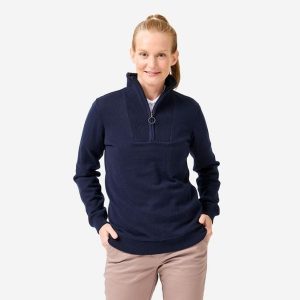 Sweter do golfa damski wiatroszczelny MW500 z wysokim kołnierzem. Niebieskie golfy INESIS, bez wzorów, z bawełny. Za 199,99 zł.