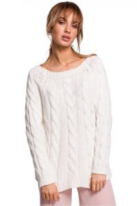 Sweter damski ze splotem typu warkocz kremowy. Białe swetry klasyczne Polskie swetry, l, z dzianiny, bez kołnierzyka. Za 239,00 zł.