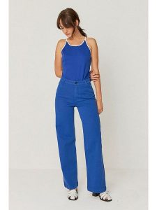 SKFK Spodnie "Ainhize" w kolorze niebieskim rozmiar: 38. Niebieskie spodnie z wysokim stanem SKFK, bez wzorów, z bawełny, z podwyższonym stanem. Za 295,99 zł.