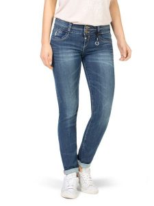 Timezone Dżinsy "Enya" - Slim fit - w kolorze niebieskim rozmiar: W25/L32. Niebieskie jeansy Timezone, z aplikacjami, ze skóry, z podwyższonym stanem. Za 140,53 zł.