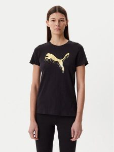 Puma T-Shirt Essentials Metallic 684995 Czarny Regular Fit. Czarne t-shirty Puma, l, bez wzorów, z bawełny, bez kołnierzyka, bez ramiączek. Za 79,99 zł.
