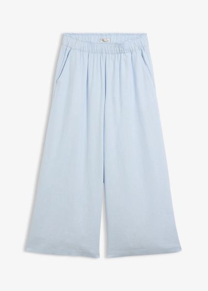 Spodnie palazzo z mieszanki lnu. Niebieskie spodnie z wysokim stanem bonprix, bez wzorów. Za 127,99 zł.