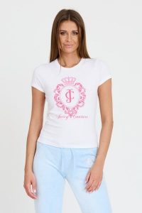 JUICY COUTURE Biały t-shirt Heritage Crest Fitted. Białe t-shirty Juicy Couture, s, bez wzorów, bez kołnierzyka, bez ramiączek. W wyprzedaży za 106,99 zł.