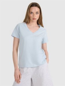 4F T-shirt oversize gładki damski - niebieski S. Niebieskie t-shirty 4f, s, bez wzorów, z bawełny, bez kołnierzyka, bez ramiączek. W wyprzedaży za 39,99 zł.