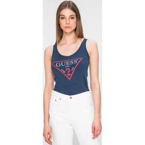 Guess Jeans - Top. Szare topy marki Guess Jeans, z aplikacjami, z bawełny, casualowe, bez rękawów. W wyprzedaży za 99,90 zł.