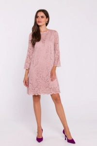 Zjawiskowa sukienka koronkowa trapezowa w kolorze różowym. Czerwone sukienki Stylove, na imprezę, l, bez wzorów, z koronki, eleganckie, bez kołnierzyka, bez ramiączek, trapezowe. Za 319,00 zł.