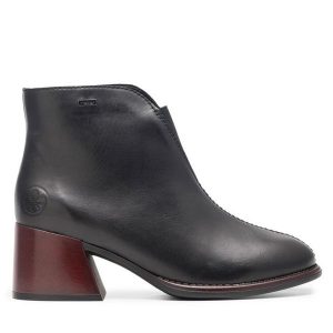 Botki Rieker. Czarne botki Rieker, bez wzorów, bez obcasa, na słupku, bez zapięcia. Za 399,99 zł.
