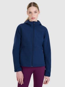 4F Kurtka softshell wiatroodporna membrana 5000 damska - granatowa M. Niebieskie kurtki 4f, na zimę, m, bez wzorów, z dzianiny, z kapturem. W wyprzedaży za 159,99 zł.