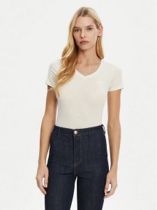 Guess T-Shirt O5RI02 KBBU1 Beżowy Regular Fit. Brązowe t-shirty Guess, xs, z aplikacjami, z bawełny, bez kołnierzyka, bez ramiączek. Za 79,99 zł.