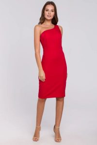 Elegancka sukienka na jedno ramię ołówkowa czerwona. Czerwone sukienki Sukienki.shop, do pracy, xl, bez wzorów, biznesowe, z asymetrycznym kołnierzem, bez ramiączek, midi, asymetryczne. W wyprzedaży za 160,00 zł.