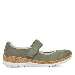 Półbuty Rieker. Zielone półbuty Rieker, bez wzorów, bez obcasa, na płaskiej podeszwie, bez zapięcia. Za 223,99 zł.