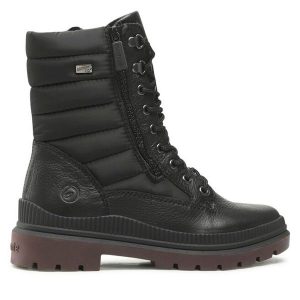 Trapery Remonte. Czarne buty zimowe Remonte, bez obcasa, bez zapięcia. Za 499,99 zł.