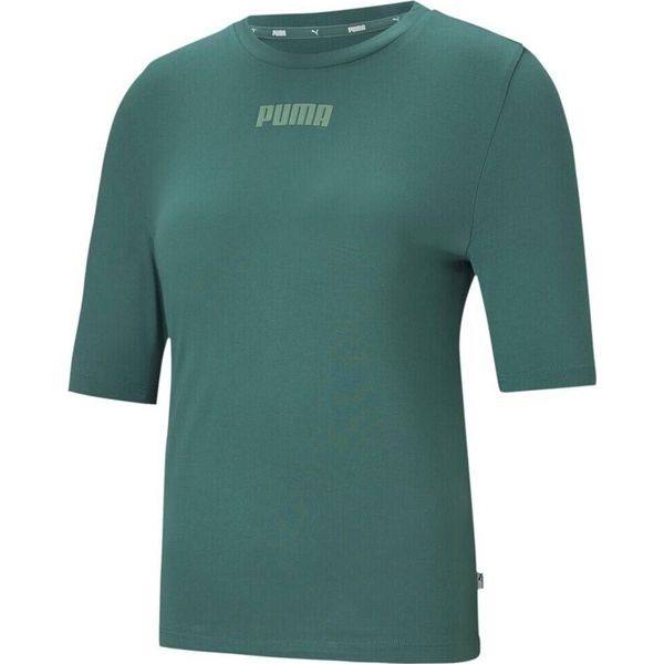 Koszulka damska Puma Modern Basics Tee Cloud zielona. Zielone bluzki Puma, s, bez wzorów, sportowe, bez kołnierzyka, bez ramiączek. Za 69,00 zł.