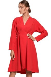 Elegancka sukienka rozkloszowana z dekoltem V czerwona. Czerwone sukienki Sukienki.shop, na imprezę, l, bez wzorów, eleganckie, bez kołnierzyka, bez ramiączek, rozkloszowane. W wyprzedaży za 244,00 zł.