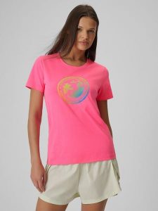 4F T-shirt regular z nadrukiem damski - różowy XXL. Czerwone t-shirty 4f, xxl, bez wzorów, z bawełny, bez kołnierzyka, bez ramiączek. Za 59,99 zł.