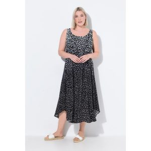 Damskie Sukienka midi cieniowanie w panterkę okrągły dekolt bez rękawów. Czarne sukienki Ulla Popken, plus size, bez wzorów, z materiału, sportowe, bez kołnierzyka, plus size, bez ramiączek, midi, sportowe. Za 279,99 zł.