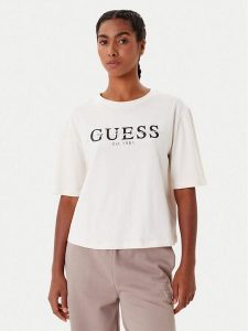 Guess T-Shirt V5YI02 I3Z14 Beżowy Boxy Fit. Brązowe t-shirty Guess, xs, z aplikacjami, z bawełny, bez kołnierzyka, bez ramiączek. Za 109,99 zł.