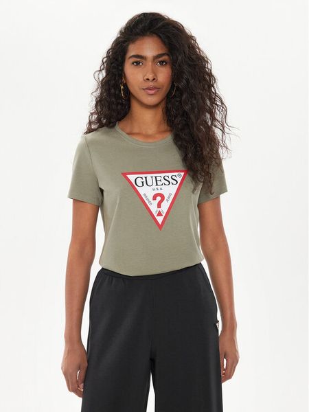 Guess T-Shirt W1YI1B I3Z14 Zielony Regular Fit. Zielone t-shirty Guess, xs, z aplikacjami, z bawełny, bez kołnierzyka, bez ramiączek. Za 79,99 zł.