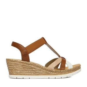 Sandały Rieker. Brązowe sandały Rieker, bez wzorów, bez obcasa, na koturnie, bez zapięcia. Za 299,99 zł.