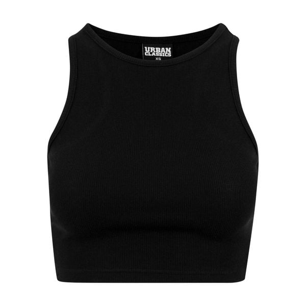 Damski klasyczny miejski crop top w prążki. Czarne topy Urban Classics, bez wzorów, prążkowane, klasyczne, bez kołnierzyka, bez ramiączek. Za 36,50 zł.