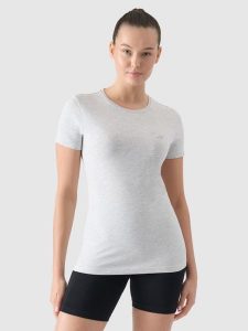 4F T-shirt slim gładki damski - szary XS. Szare t-shirty 4f, xs, bez wzorów, z bawełny, bez kołnierzyka, bez ramiączek. Za 39,99 zł.