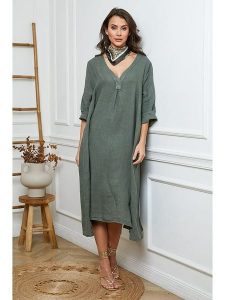 Joséfine Lniana sukienka w kolorze khaki rozmiar: XL. Brązowe sukienki Joséfine, na co dzień, xl, bez wzorów, ze lnu, z asymetrycznym kołnierzem, bez ramiączek, maxi, asymetryczne. Za 242,13 zł.